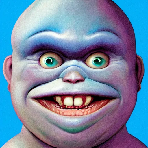 Image similar to portrait of a fat blue alien. big friendly smile. character concept art. science fiction illustration. close up of the face. key panel art graphic novel. detailed face, beautiful colour palette. digital painting.