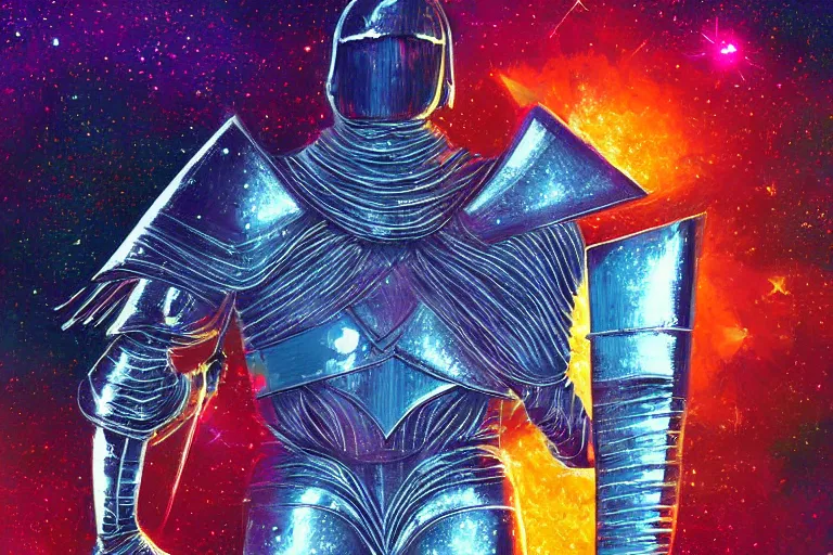 Image similar to digital art of a spiritual medieval knight wearing suit of armor looking up at the stars, acrylic art, universe, painting, pastel colors, synthwave, retro, cyberpunk,