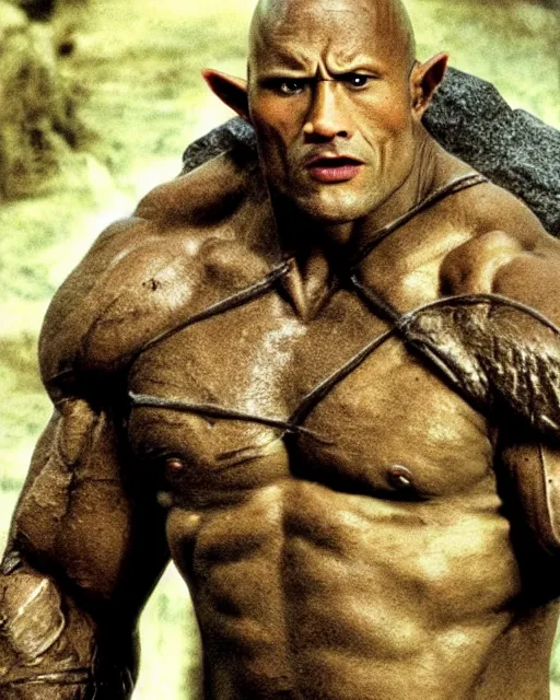 Image similar to film still close up shot of dwayne johnson as golem from the movie the lord of the rings. photographic, photography