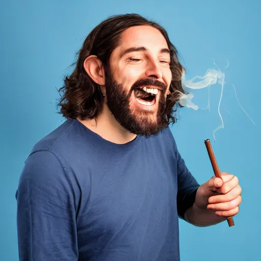 Prompt: Jesus smoking weed and laughing, profile picture, studio photography