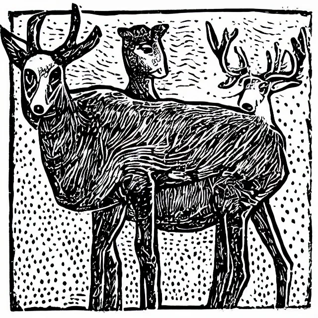 Image similar to linocut of a robot and a deer. pink, black and white color pallette.