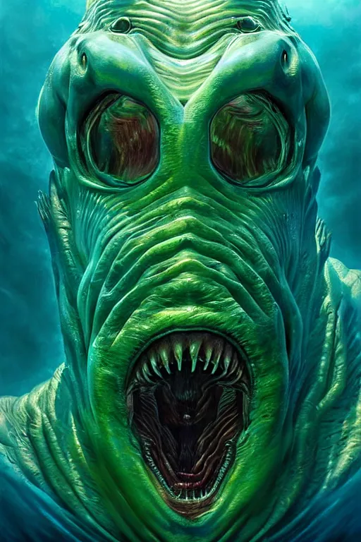 Image similar to hyperrealistic close-up surrealism underwater creature monster!! highly detailed concept art eric zener elson peter cinematic hard green lighting high angle hd 8k sharp shallow depth of field, inspired by David Paul Cronenberg and Zdzisław Beksiński