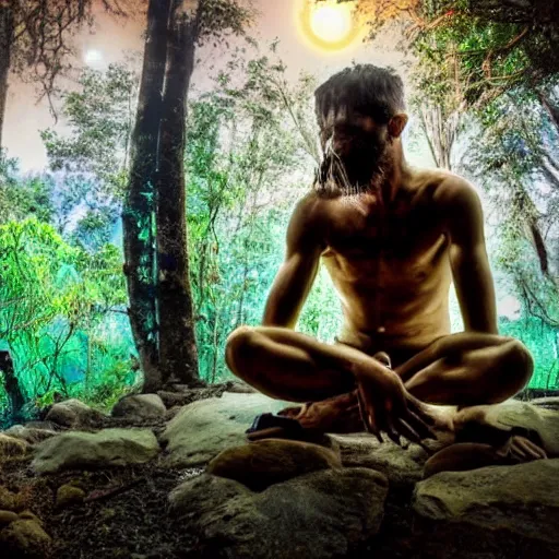 Prompt: spartan doing ayahuasca ritual at camp fire, jungle background, full moon with stars, hyper realistic award winning photographic portrait, dramatic cinematic lighting