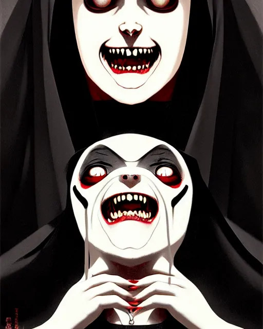 Prompt: single scary female vampire nun, symmetrical face, evil grin, nun outfit, portrait size, photoshoot, powerful, super detailed and intricate, by koson ohara, by darwyn cooke, by greg rutkowski, by satoshi kon