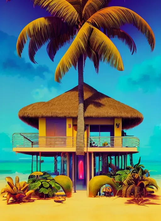 Prompt: gorgeous afrogoth island bungalows. afrofuturism synthwave matte painting concept art, beautifully backlit, swirly vibrant color lines, vivid tones, cinematic aesthetic octane render, 8 k hd resolution, by rhads, james jean, ross tran and artgerm