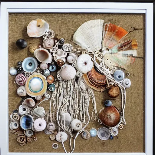 Prompt: a memory machine. mixed media art. using silk thread, shells and other found objects. lauren collin. gale jamieson. - n 9