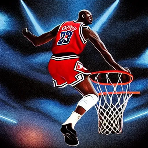 Image similar to “hyperrealistic mixed media high resolution image of michael jordan wearing a superman suit dunking a basketball, stunning 3d render inspired art by István Sándorfi and Greg Rutkowski and Unreal Engine, perfect symmetry, dim volumetric lighting, 8k octane beautifully detailed render, post-processing, extremely hyper-detailed, intricate, epic composition, highly detailed attributes, highly detailed atmosphere, cinematic lighting, masterpiece, trending on artstation, very very detailed, masterpiece, stunning, flawless structure, lifelike texture, perfection,”