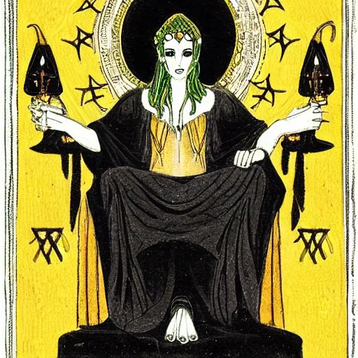 Image similar to the goddess hekate, seated in her holy element, glorious and occult, with symbolic elements