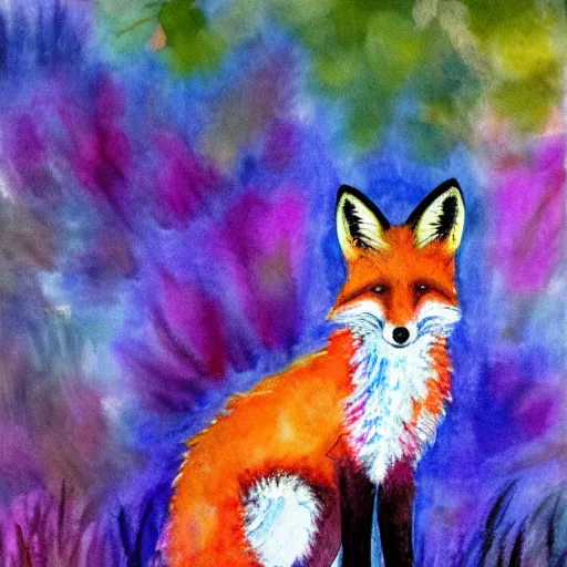 Prompt: fox in the garden, vivid watercolor, in the style of claude monet, beautiful face, fall leaves multiple colours, award winning, hd, 4 k, purple, blue