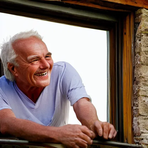 Image similar to a smiling old man climbing through a window