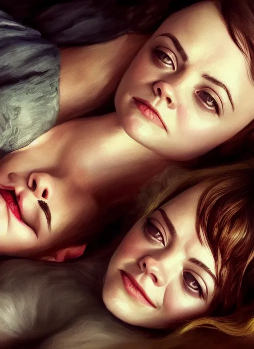 Prompt: christina ricci and emma stone lying in bed, backround dark, highly detailed, digital illustration, trending in artstation, modern painting, smooth, sharp focus, intricate, einar jonsson, ilya repin