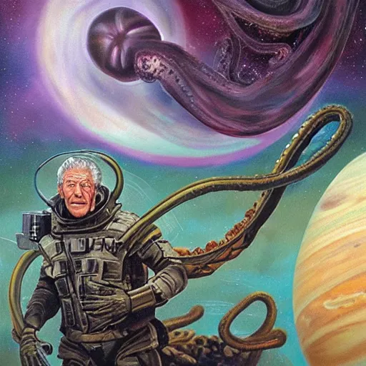 Image similar to painting of ian mckellen as terrorist from jupiter fighting an alien invasion in deep space, the aliens have long thick slimey amorphous tentacles, highly detailed, award painting, 8 k, alien landscape