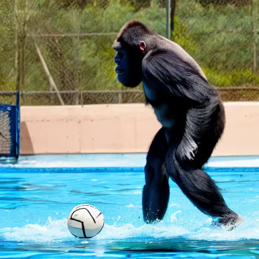 Image similar to back side photograph of a silverback gorilla throwing a ball to a water polo goalkeeper