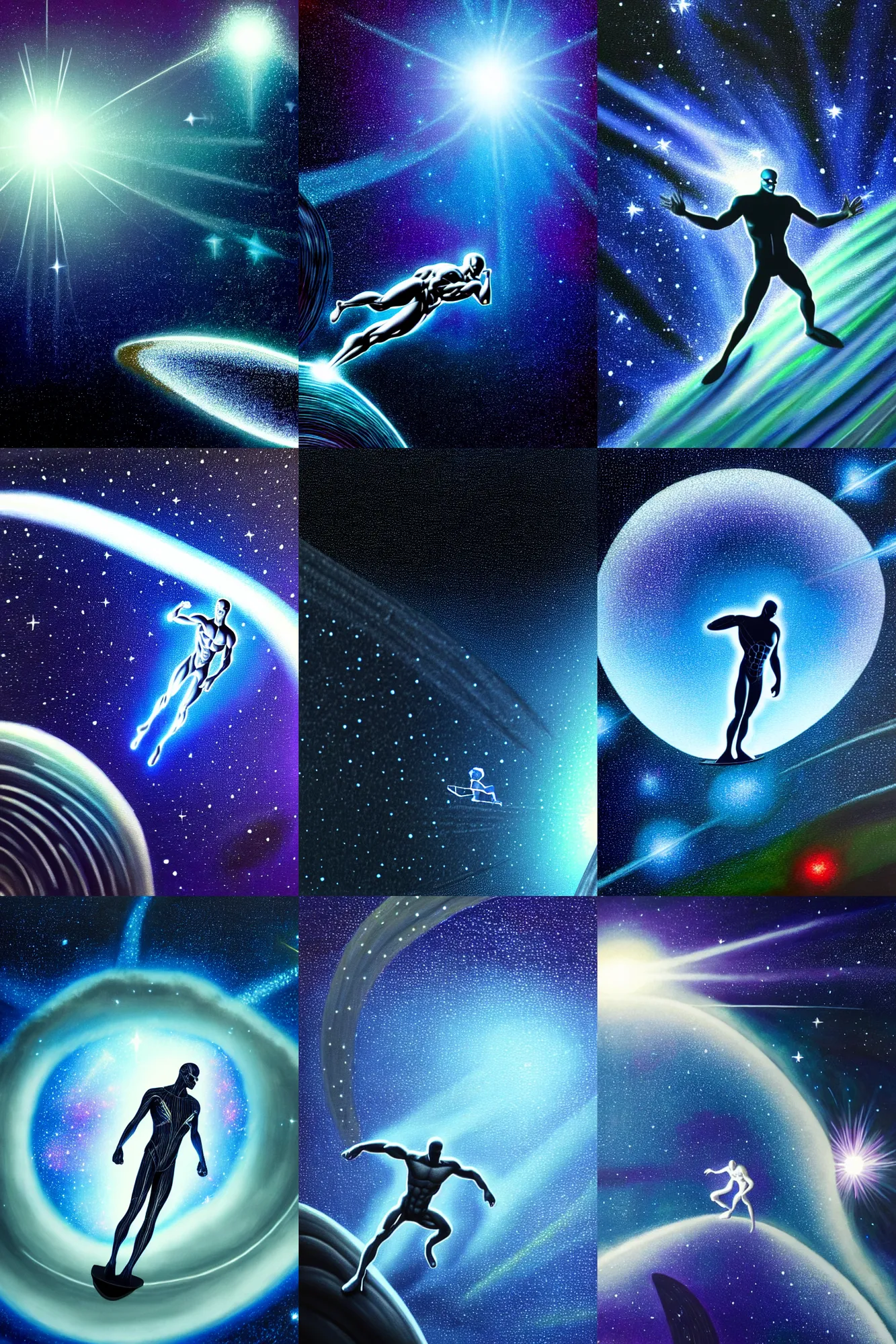 Prompt: close up of the silver surfer in space surfing a wave of stardust over a jungle planet with sprinkled lights in the atmosphere, many stars in the background, photorealistic painting by john berkley, very detailed, ornamental, backlight, atmospheric, trending on artstation, behance contest winner