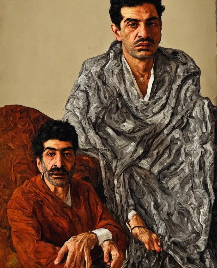 Image similar to high quality, high detail, realistic portrait of bahram beyzai, painted by lucian freud, dramatic lighting, cinematic composition