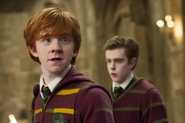 Image similar to film still Freddy Highmore as Ron Weasley wearing hogwarts uniform in Harry Potter movie