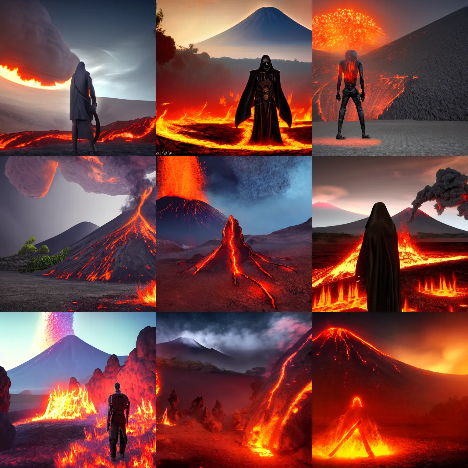 Prompt: The Reaper standing outside hell's gate, volcanos erupting in the background, smoke, fire, 4k, trending on artstation