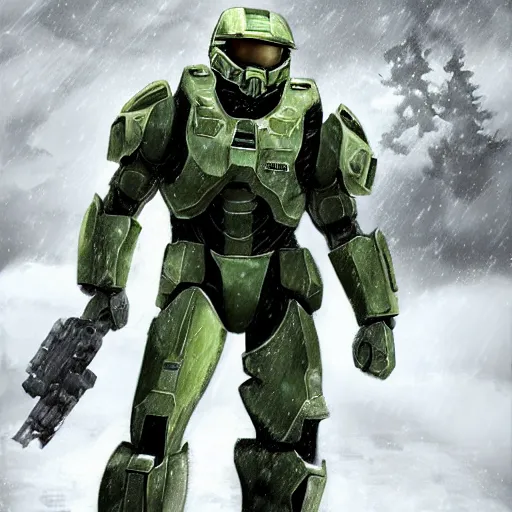 Prompt: master chief on a snowy hill,digital art,realistic,detailed,art by zemotion,trending on deviantart