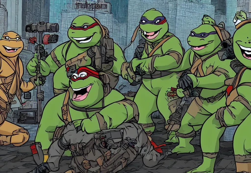 Image similar to the ghostbusters meet the ninja turtles