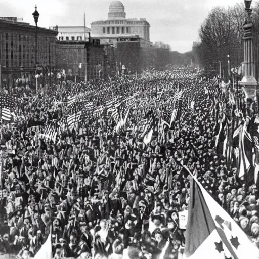 Prompt: Satanic States of America, alternate history, Satanic parade, 1940s, Pennsylvania Avenue, occult flags, goth crowds, 1940s fashion