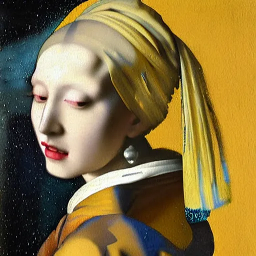 Image similar to painting of a beautiful woman with iridescent translucent hair, her eyes are closed, hair is floating, ethereal, by Johannes Vermeer
