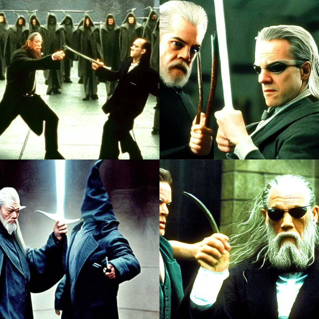 Prompt: gandalf fighting agent smith in the matrix 1 9 9 9