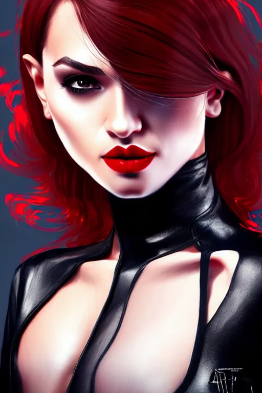 Image similar to dreamy girl character with perfect body in a nice black leather suit and red lips, very artistic pose and detailed clean face, perfect lighting. professional design. great composition, illustration, highly detailed, digital painting, concept art, trending on artstation, fantasy game art