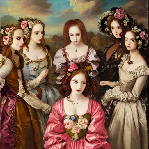 Image similar to renaissance, baroque 8k oil painting group of creepy young ladies wearing renaissance long harajuku manga dress with flowers and skulls, background chaotic flowers