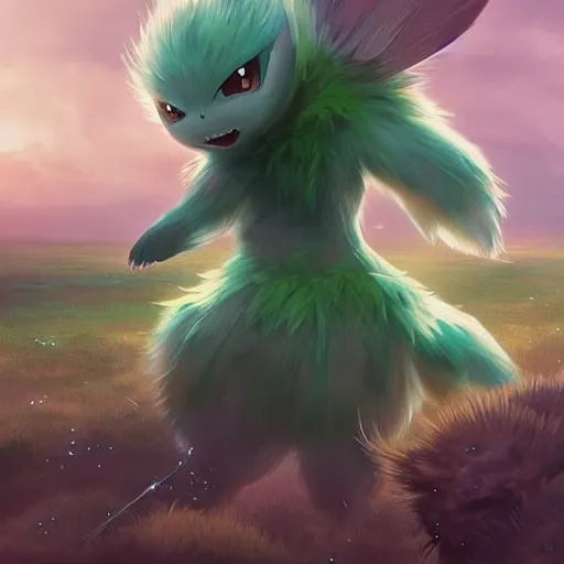 Image similar to a cute beautiful earth type pokemon, green feathers bursting out of his hair, full body shot, highly detailed digital art, 3 d perspective, award - winning illustration, aesthetic, smooth, pokemon style, made by greg rutkowski, with an alien landscape in the background