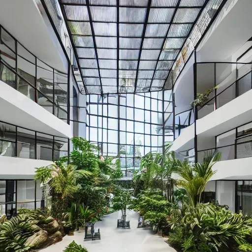 Image similar to The atrium of a refurbished contemporary building filled with tropical plants, 4k