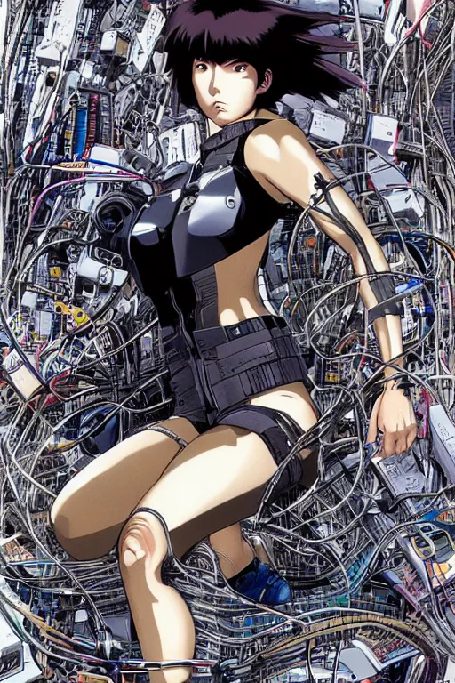 Prompt: ultra coherent motoko kusanagi kneeling on a white in style of masamune shirow, empty floor, with a mess of wires and cables coming out of her head and backside, by Yukito Kishiro and katsuhiro otomo, illustration, cyberpunk, hyper-detailed, colorful, complex, intricate, masterpiece, epic