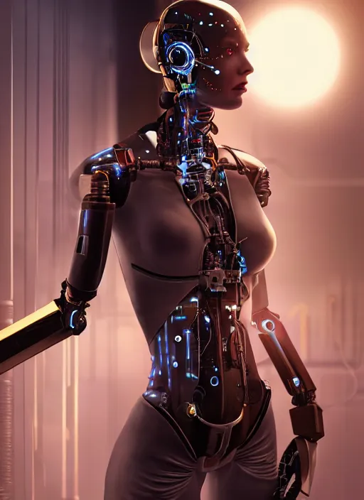 Image similar to cyberpunk,sci-fi, fantasy,Kodak Portra 400, 8K, soft light, volumetric lighting, highly detailed, britt marling style 3/4 ,portrait photo of a beautiful cyborg robot woman in a chemical laboratory + face, intricate, elegant, highly detailed, digital painting, artstation, concept art, smooth, sharp focus, illustration,art by artgerm and greg rutkowski and alphonse mucha