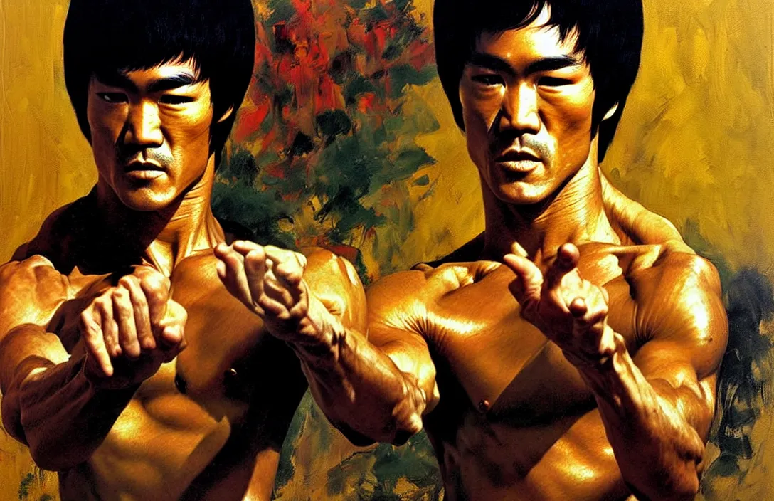 Image similar to portrait of bruce lee!!!!!!!!!!!!!!!!!!!!!!!!!!!, detailed face, detailed painting, epic lighting, by ilya repin, phil hale and kent williams