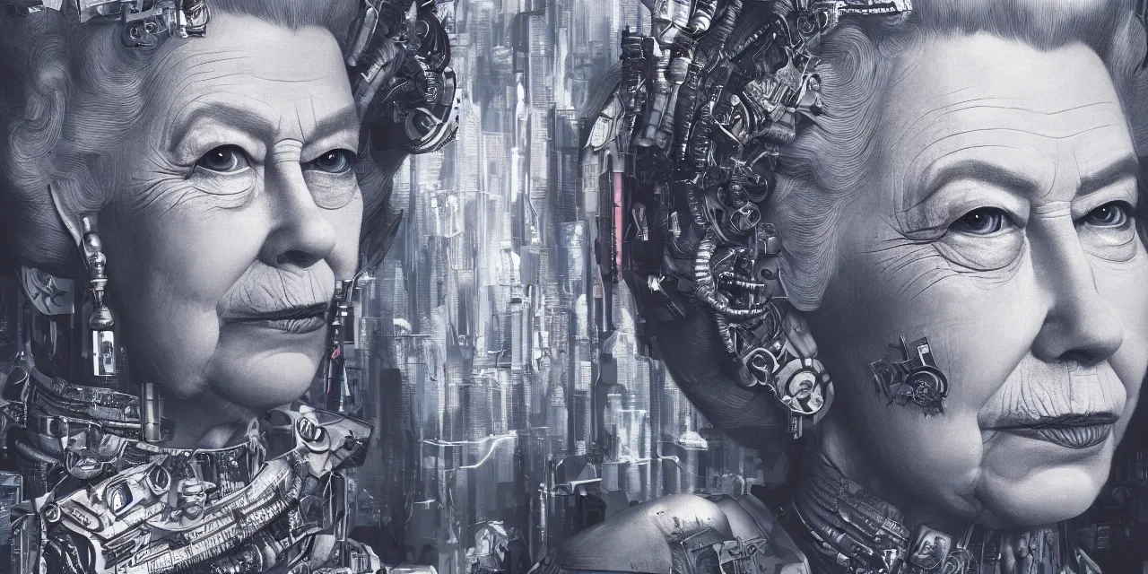 Prompt: a portrait of cyberpunk Queen Elizabeth II, hyperdetailed, artstation, accurate, octane render, surreal, 8k