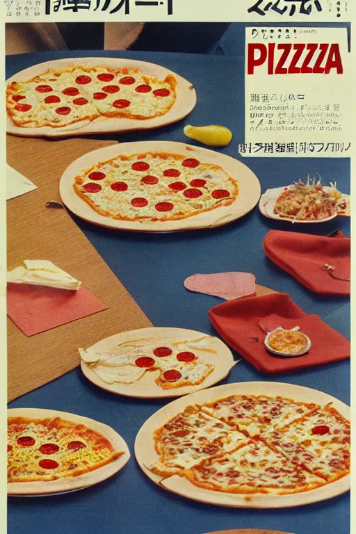 Image similar to pizza and pasta advertisment, still life, 1 9 7 0 s japan shouwa advertisement, print, nostalgic