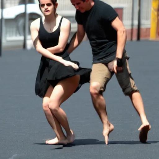 Image similar to emma watson grappling big foot to the ground, blurry focus