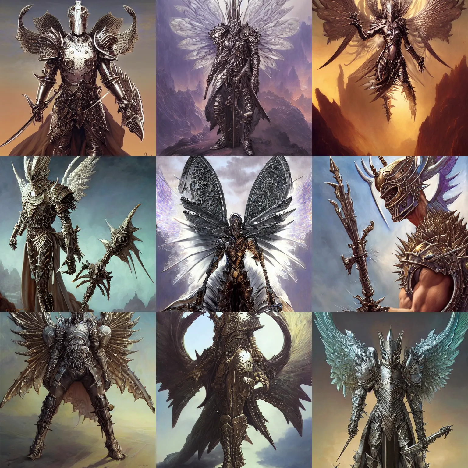 Prompt: fantasy character portrait, spiky armor male knight with angel wings, ultra realistic, wide angle, intricate details, the fifth element artifacts, highly detailed by peter mohrbacher, hajime sorayama, wayne barlowe, boris vallejo, aaron horkey, gaston bussiere, craig mullins