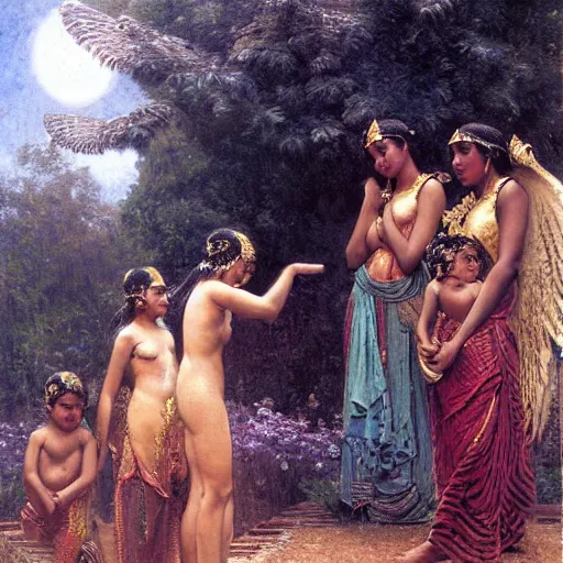 Prompt: sri lankan womans sacrifising thier children to giant crow, crow worshipping cult, painting by gaston bussiere, craig mullins, j. c. leyendecker, lights, art by ernst haeckel, john william godward, hammershøi,,