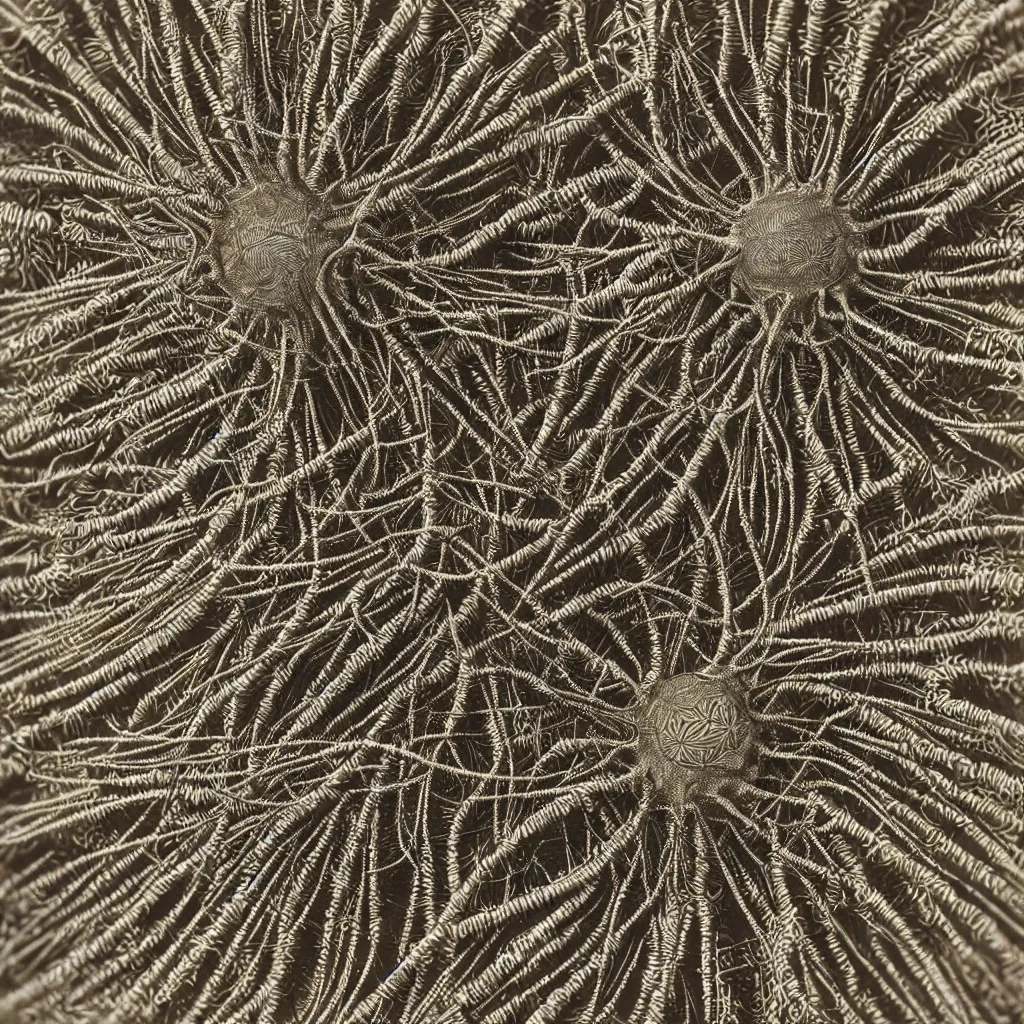 Image similar to complex sea urchin by ernst haeckel, closeup, fractal engravings, realistic cinema 4 d render, beach sand background, clear focus, very coherent, very detailed