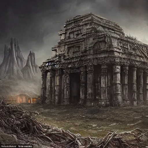 Image similar to a dramatic matte painting of the tomb in the dystopian landscape is opening through the ground, the dead has arisen under the glowing moon, dead trees and a brooding landscape by giger and dariusz zawadzki and beksinsk