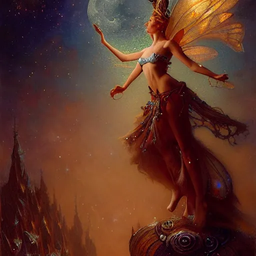 Image similar to attractive fairy queen fly high in the night, fantasy, full moon in background. hyper detailed painting by gaston bussiere, craig mullins, j. c. leyendecker, mid shot, 8 k, cryengone, cinematic lighting, beautiful,