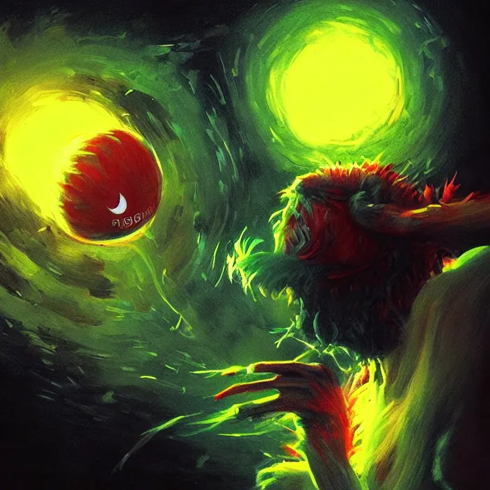 Image similar to cinematic portrait of a tennis ball monster in the abyss of space, chalk, masterpiece, trending on artstation, featured on pixiv, cinematic composition, dramatic pose, beautiful lighting, sharp details, hyper-detailed, HD, HDR, 4K, 8K, art by Basil Gogos