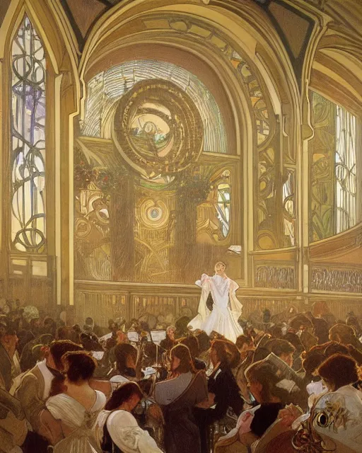 Image similar to painting alphonse mucha, interior of the opera house, view from the hall with a singer in a white dress on a lighted stage with an orchestra and audience in the hall, soft cinematic lighting, pastel color palette