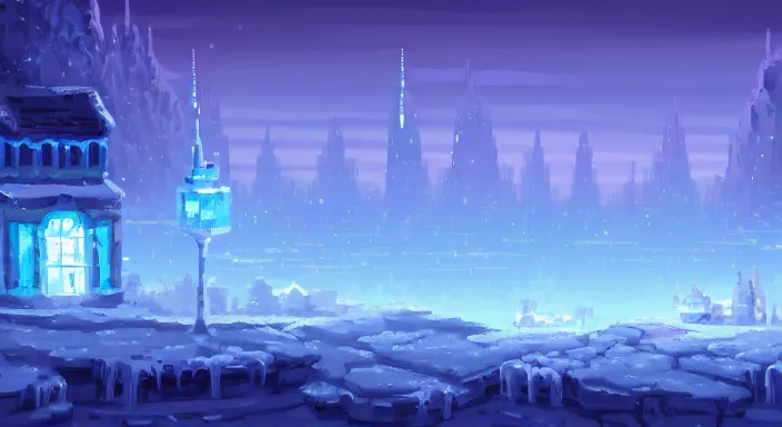 Image similar to beauiful background painting of an ice level of a 2 d sidescroller game, a city full of light in the distance, night time, video game art, pixel art, concept art, vivid and romantic, impressionism, ultra detailed, cool lighting, trending on artstation