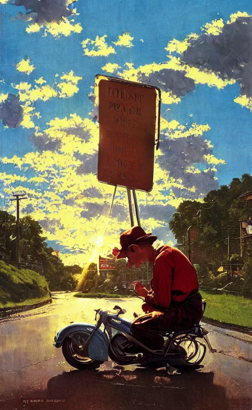 Image similar to paperback book cover by norman rockwell. 1 9 5 0 s. pure colors, melting clouds, accurately drawn details, a sunburst above a receding road with the light reflected in furrows and ruts, after rain. photorealistic. octane render. cinematic. trending on artstation. textless.