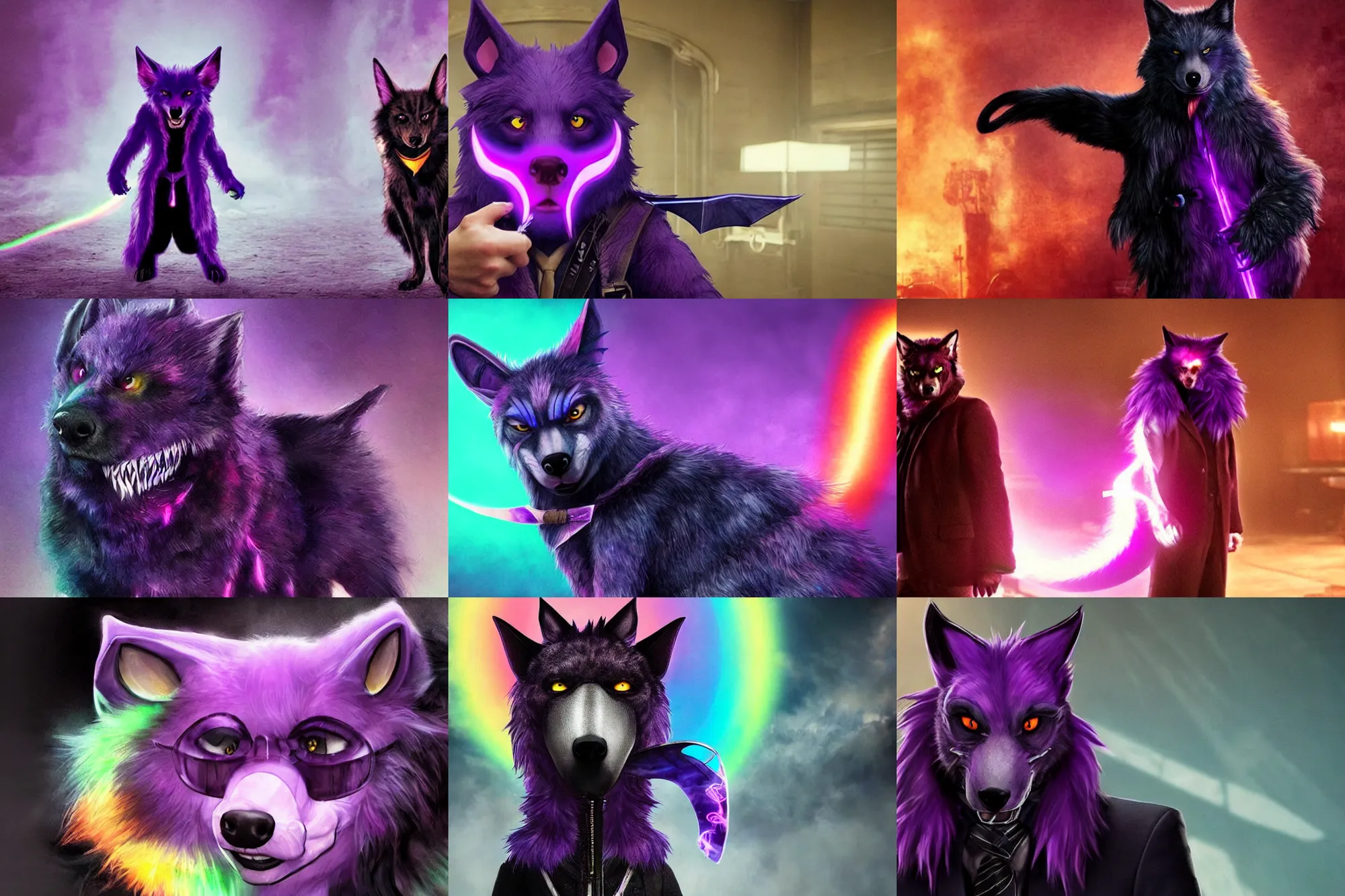 Prompt: ( with a glowing rainbow tail ) a purple wolfbat fursona ( from the furry fandom ) wearing an eyepatch, as a picture from the john wick movie series