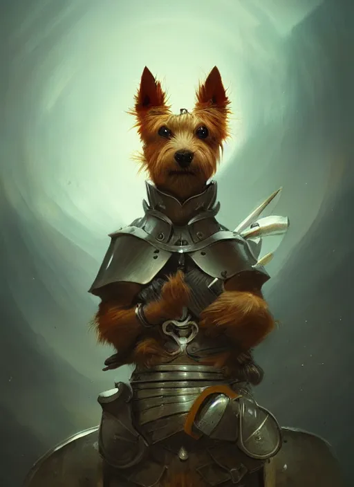 Prompt: norwich terrier as an knight, backround dark, highly detailed, digital illustration, trending in artstation, modern painting, smooth, sharp focus, intricate, by peter mohrbacher