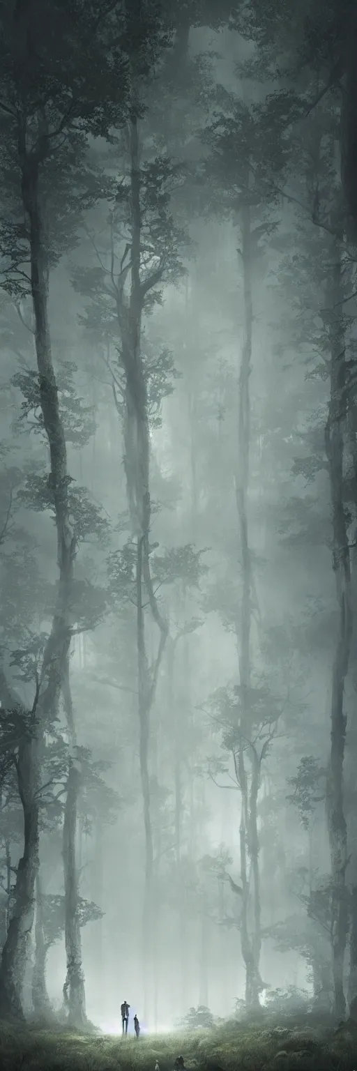 Image similar to Architecture built around a spine-like infrastructure with prefabricated, replaceable cell-like parts arises deep in the forest. Mist. Atmospheric. Wide shot. Matte painting in the style of Ash Thorp and Sparth