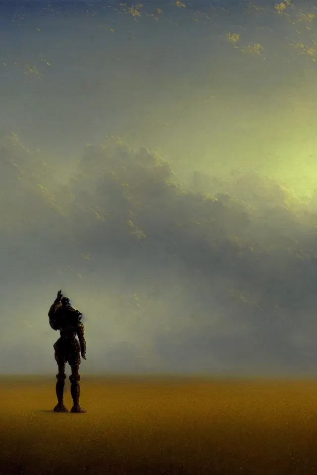 Prompt: concept art of the back view of one humanoid robot on the ground, many distant big tall buildings far away, vast wheat fields, by Ivan Aivazovsky, godrays, atmospheric, cinematic, distant world, wide angle, detailed