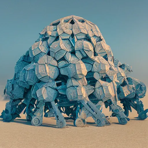 Image similar to highly detailed 3d render of burning man festival sculpture with cornflowers by Beeple